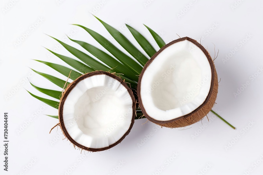 Fresh coconut whole and cut in half with palm leaf isolated on white background, top view Fresh coconut whole and cut in half with palm leaf isolated on white background, top view