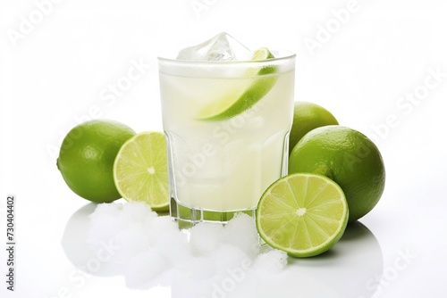 Glass with cocktail, sugar on the sides and lime isolated on white background © yuntunen