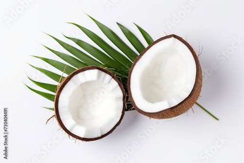 Fresh coconut whole and cut in half with palm leaf isolated on white background, top view 