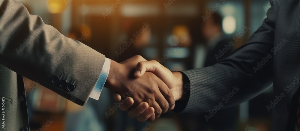 Two businessmen are agreeing on business together and shaking hands after a successful negotiation - obrazy, fototapety, plakaty 