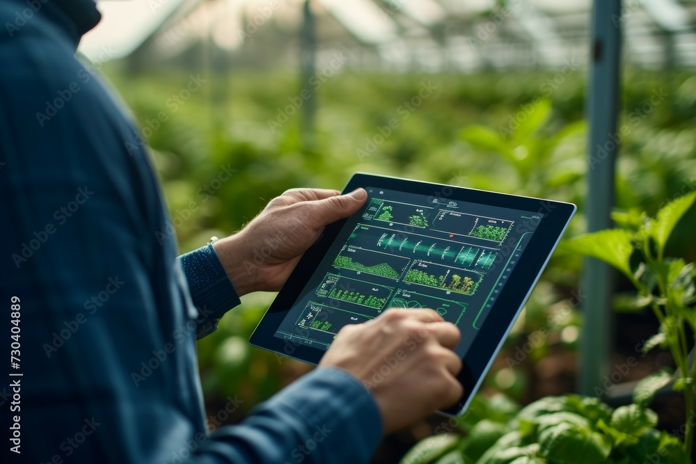 Farmer's tablet on a modern farm. Background with selective focus and copy space Farmer's tablet on a modern farm. Background with selective focus and copy space