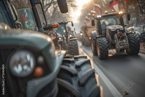Farmers on tractors go to protest. Background with selective focus and copy space