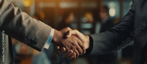 Two businessmen are agreeing on business together and shaking hands after a successful negotiation