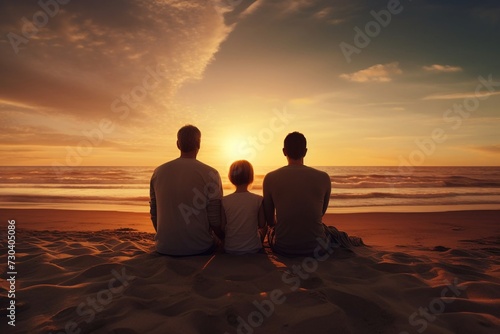 Smiling family sitting in sand at sunset 