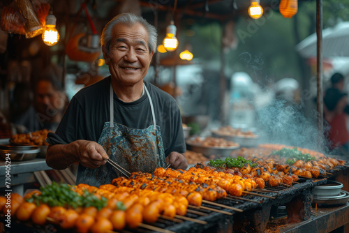 A traditional street vendor preparing local delicacies in a crowded market, showcasing the cultural richness of street food. Concept of culinary diversity. Generative Ai. photo