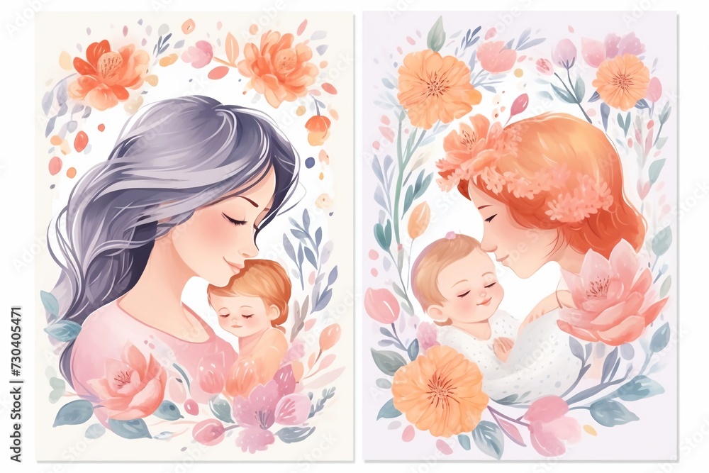 Mothers Day. Vector watercolor illustrations of mom, baby, flowers, hearts, pattern and text. Drawings for postcard, poster or background