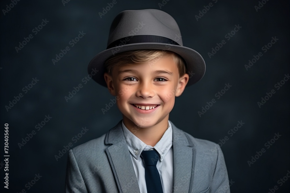 Portrait of a cute boy wearing a top hat and suit over dark background.