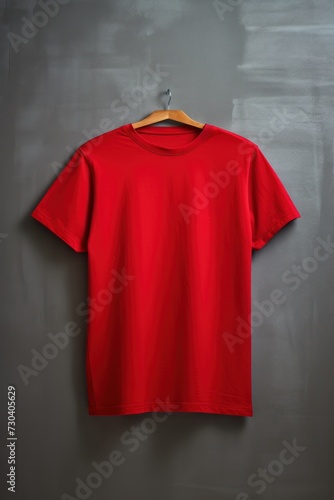 Red t shirt is seen against a gray wall