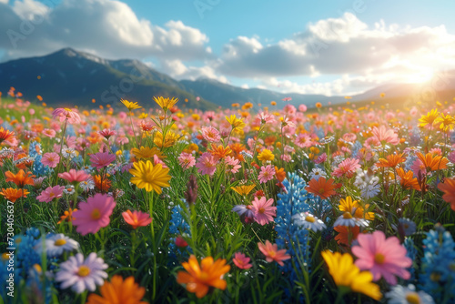 A sun-drenched meadow with wildflowers in full bloom, capturing the essence of springtime renewal. Concept of seasonal vibrancy and growth. Generative Ai.