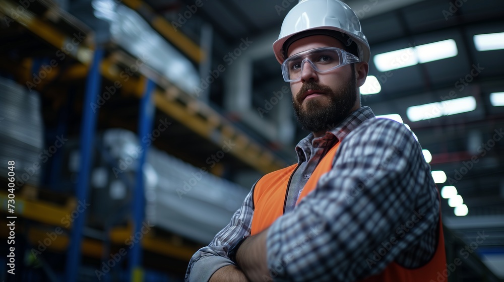 A photo of an engineer in a warehouse next to a conveyor, beautiful lighting A photo of an engineer in a warehouse next to a conveyor, beautiful lighting