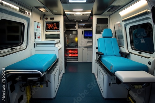 Sophisticated Modern ambulance inside. Medical doctor rescue transport equipment. Generate Ai © juliars