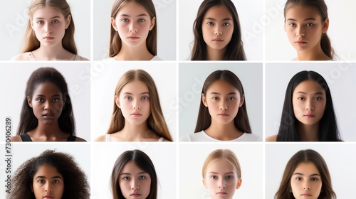 an array of headshots featuring young women from different ethnicities and races, all exhibiting solemn expressions. collage of people