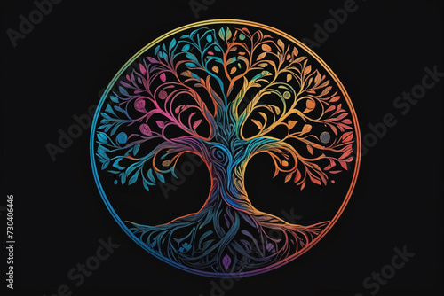 A minimalist design of a tree of life, pure black background photo