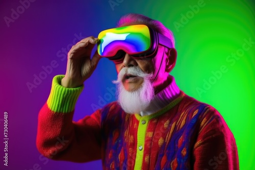An elderly man with a white beard wearing virtual reality glasses