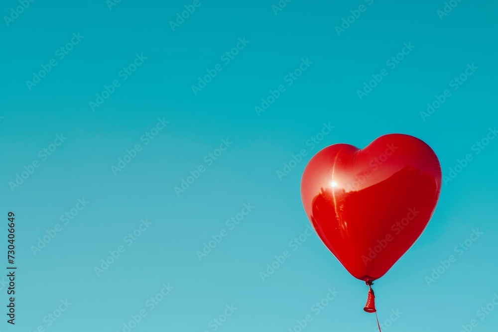 A glossy red heart-shaped balloon, floating, on a clear sky blue background A glossy red heart-shaped balloon, floating, on a clear sky blue background