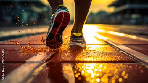 Close-up of an athlete's feet wearing bright yellow running shoes, sprinting on a red track with dust particles reflecting the sunlight at sunset