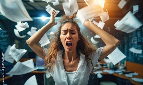 Overwhelmed young businesswoman in panic with papers flying in chaos at her workplace, concept of stress and deadline in the corporate environment photo