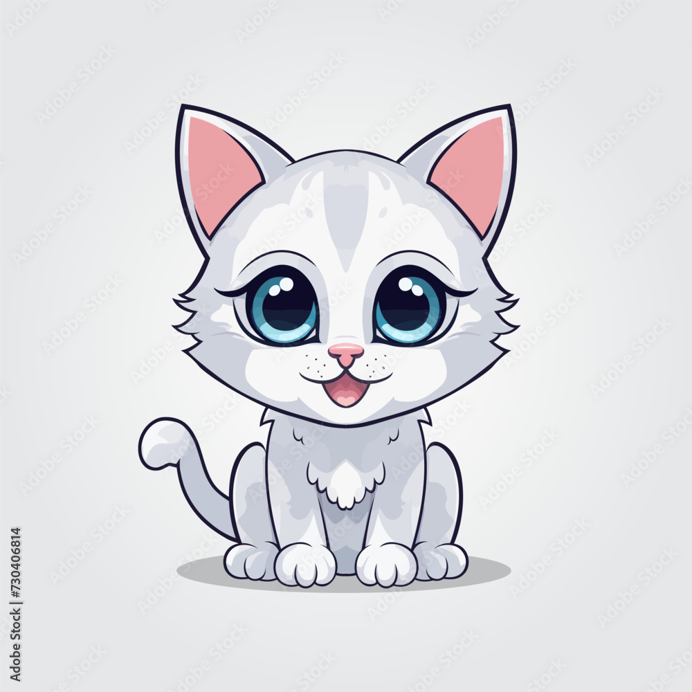 Cute kitty of kawaii style with big eyes and jolly smiling vector illustration in white background
