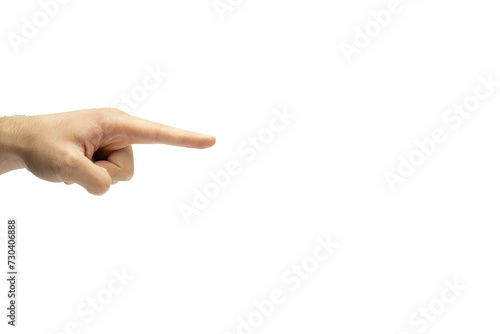Male hand pointing with finger isolated on white background copy space, hand gestures - pointing with forefinger