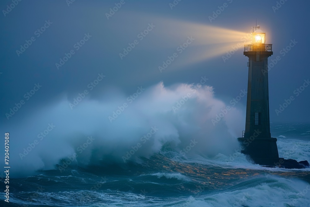 A lighthouse shining its beam across a stormy sea