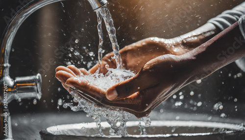 Close-up of hands receiving clean water for well-being, clean water, pure life.