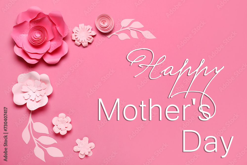 Pink greeting card for Mother's Day with paper flowers and leaves