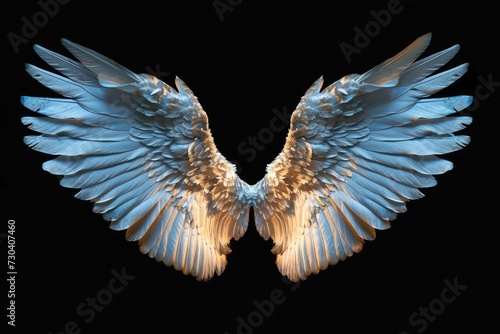 Angel wings isolated on the black background, fantasy feather wings for fashion design, cosplay and dress up party photo