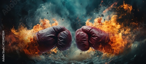 Close-up of two fists hitting each other with motion fire and smoke illustrations.