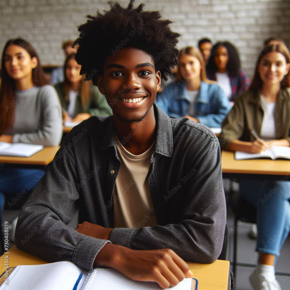 A black guy sits at a desk in the open air with other students, an open notebook in front of him, he smiles. Education and enlightenment concept A black guy sits at a desk in the open air with other students, an open notebook in front of him, he smiles. Education and enlightenment concept
