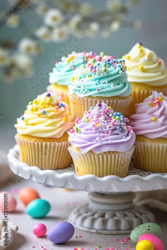 Colorful Easter Cupcakes with Sprinkles on a Cake Stand