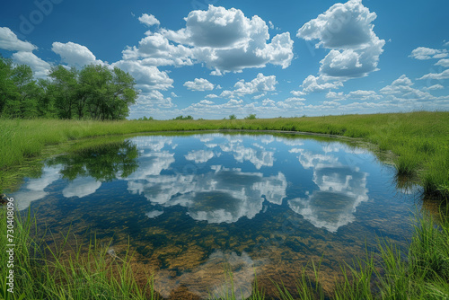 A serene pond reflecting a cloud-strewn sky, highlighting the delicate balance between water and atmosphere. Concept of reflective equilibrium. Generative Ai.