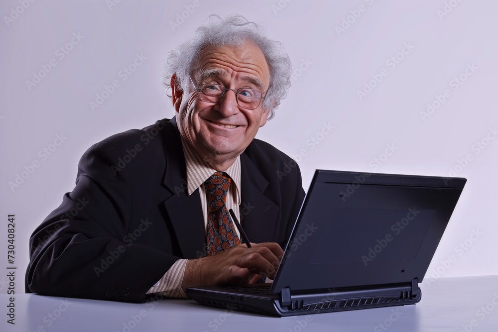 a scene where a mature adult business executive exudes happiness while working on a laptop at his desk. businessman working on laptop a scene where a mature adult business executive exudes happiness while working on a laptop at his desk. businessman working on laptop