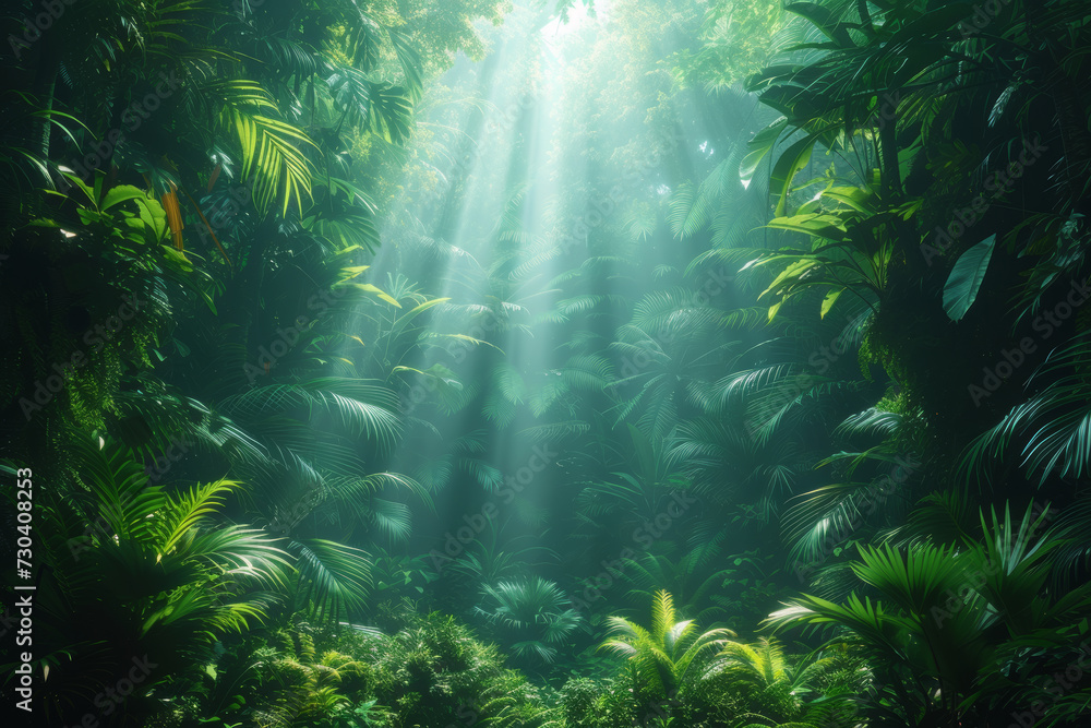 A rainforest canopy alive with exotic birds and lush vegetation, emphasizing the importance of preserving biodiversity. Concept of tropical ecosystems. Generative Ai.