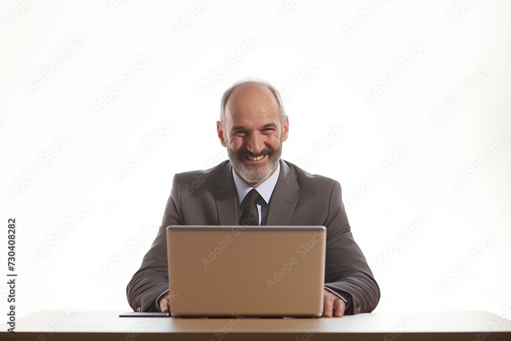 a scene where a mature adult business executive exudes happiness while working on a laptop at his desk. businessman working on laptop a scene where a mature adult business executive exudes happiness while working on a laptop at his desk. businessman working on laptop
