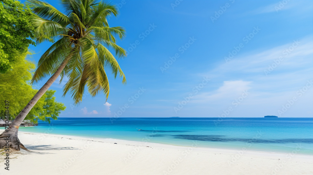 Pristine tropical beach with clear blue water and palm tree