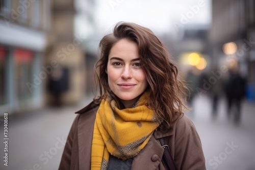 Portrait of a beautiful young woman with long brown hair in the city