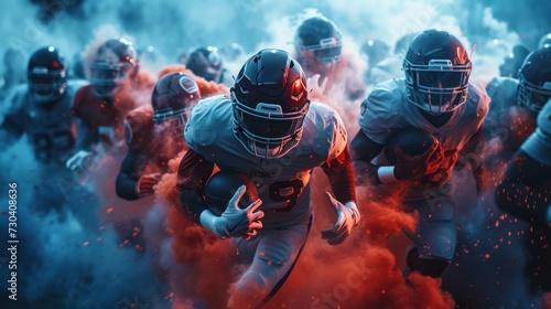 Football Players Running Through a Cloud of Smoke