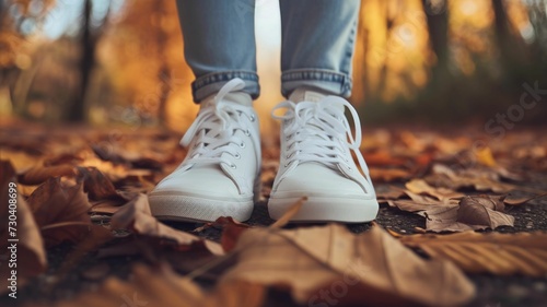A trail of white sneakers led through the dry leaves, a sign of an early morning autumn walk
