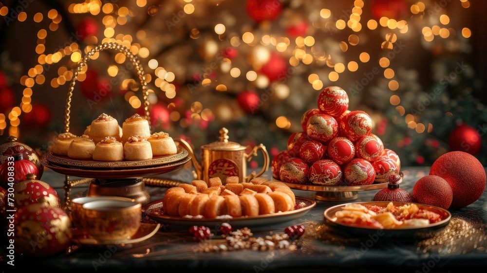 A Lunar New Year table is adorned with red and gold decorations, dim sum, and tea, all under warm, festive lighting A Lunar New Year table is adorned with red and gold decorations, dim sum, and tea, all under warm, festive lighting