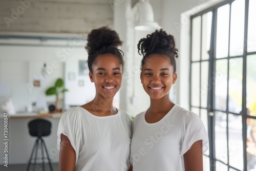 Twin Sisters Smiling in Office