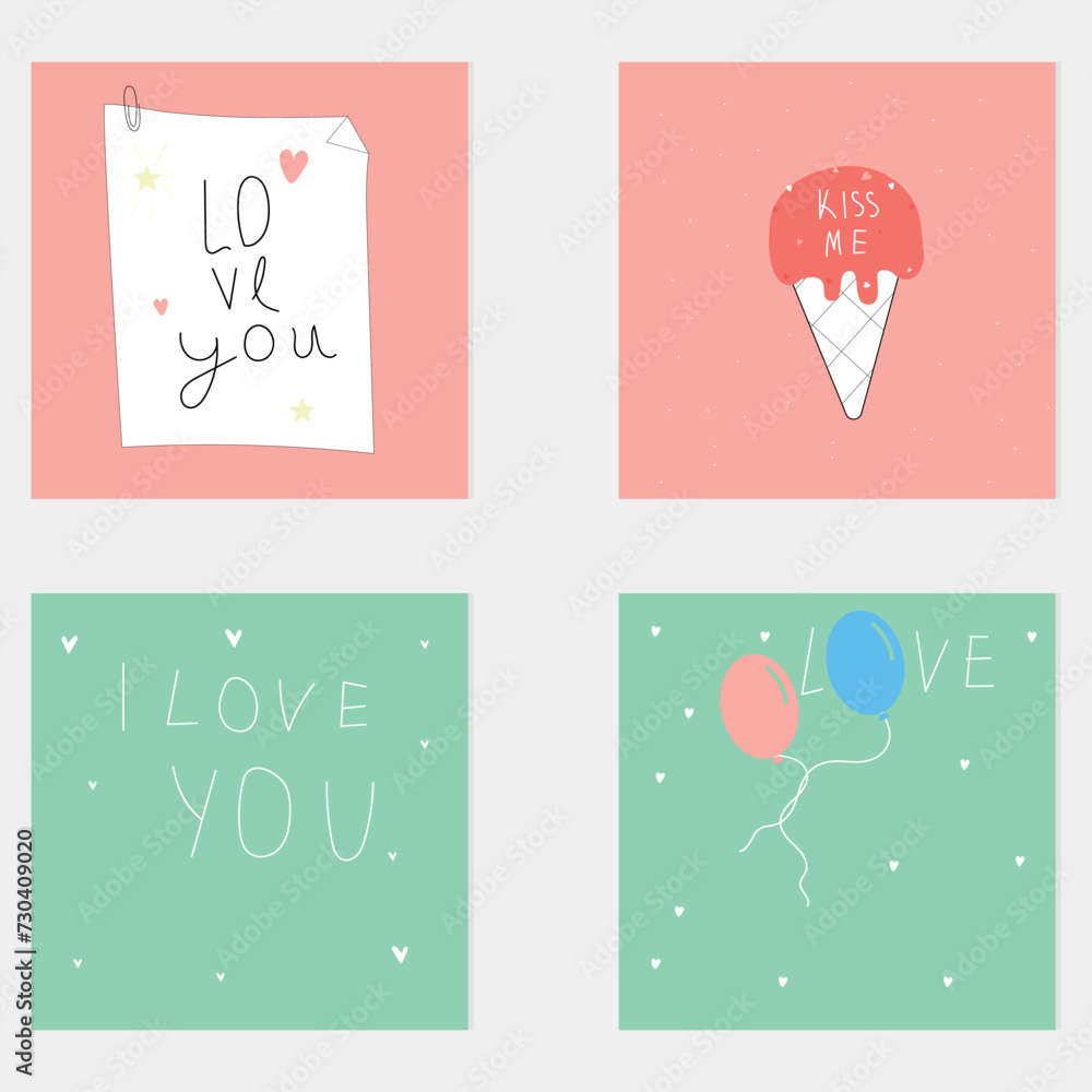 Web Set of Happy Valentine's Day Cards. Hand drawn elements.