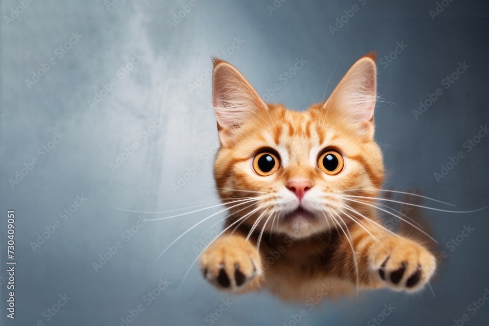 funny red cat in flight on a gray background. Copy space funny red cat in flight on a gray background. Copy space