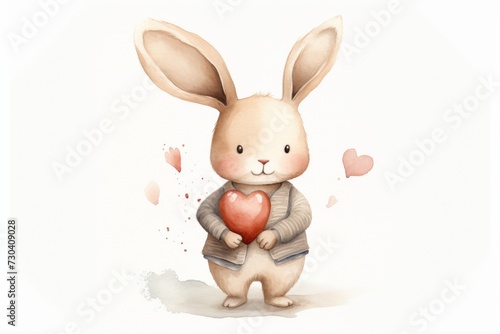 Adorable watercolor rabbit holding a shiny red heart  with a backdrop of floating hearts  conveying love and joy.