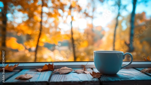 Cozy respite: A porcelain teacup perched on a wooden windowsill invites a moment of peace amidst a backdrop of golden autumn leaves and a cerulean sky