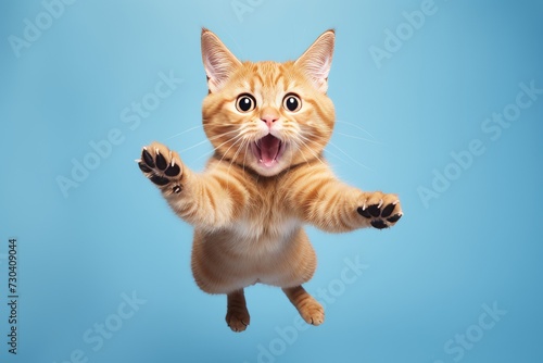 funny red cat in flight on a blue background. Copy space © Kate
