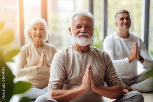 pensioners  old age  elderly people  nursing home  fitness center  sports  yoga  fitness  namaste  relaxation  together  group exercise  lifestyle  active pensioners  woman  meditating  sitting  exerc