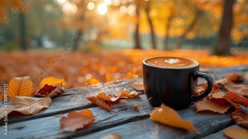 Sleek, black coffee cup on a rustic table among scattered orange and yellow leaves, morning light