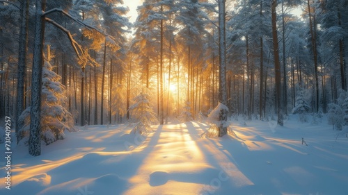 Snowy forest landscape at dawn, with the first light breaking through tall trees, untouched snow in the foreground