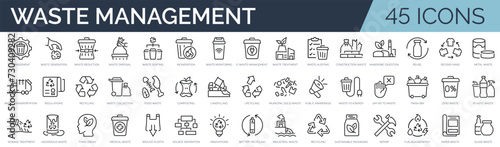 Set of 45 outline icons related to waste management. Linear icon collection. Editable stroke. Vector illustration