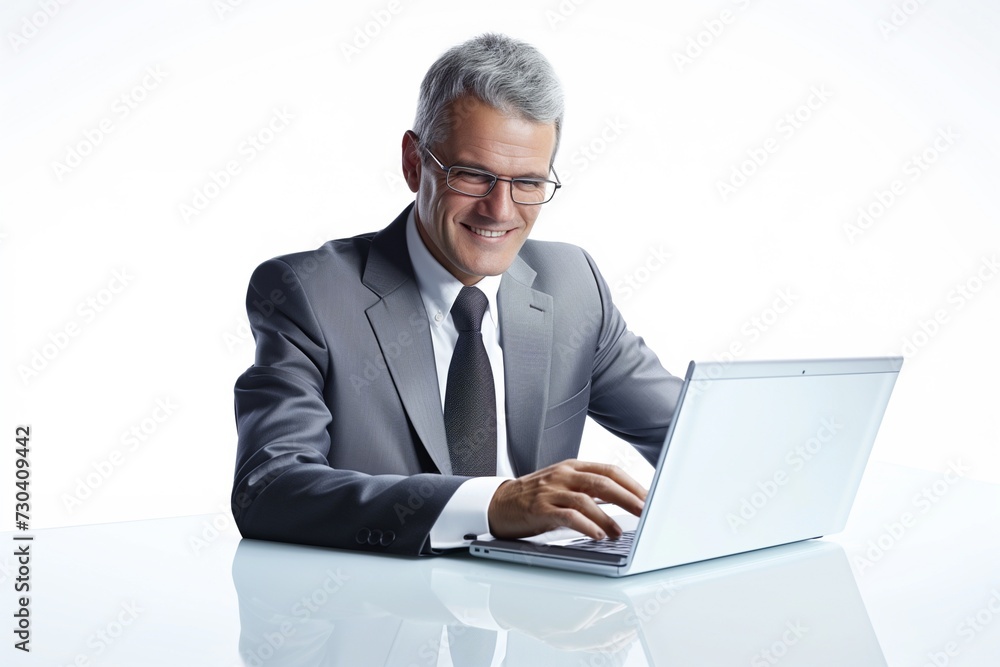 an image that abstractly depicts a mature business man, radiating satisfaction and professionalism while working at his desk on a laptop. businessman with laptop an image that abstractly depicts a mature business man, radiating satisfaction and professionalism while working at his desk on a laptop. businessman with laptop